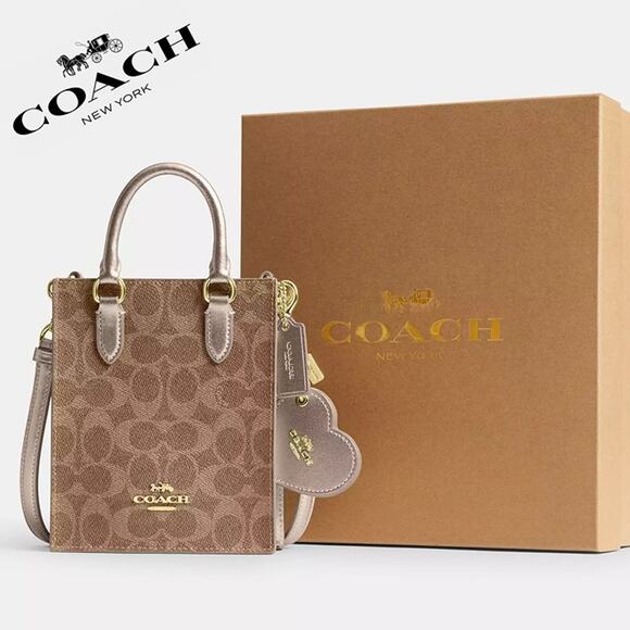 🎁 Coach Boxed Mini Tote Bag And Mirror Bag Charm Set In Signature Canvas - Picture 1 of 7